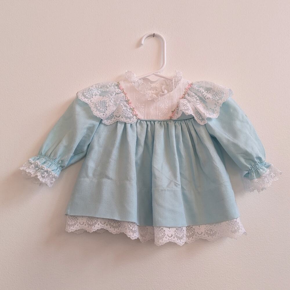 Vtg Bryan 0-3m Blue Frilly Lace Dress Baby Girls Easter